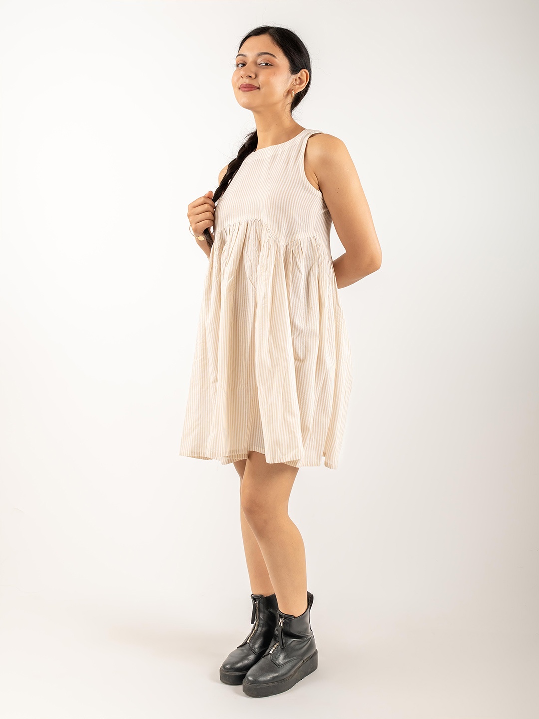 

MONOMEE Women Cotton Striped Fit & Flare Dress, Beige