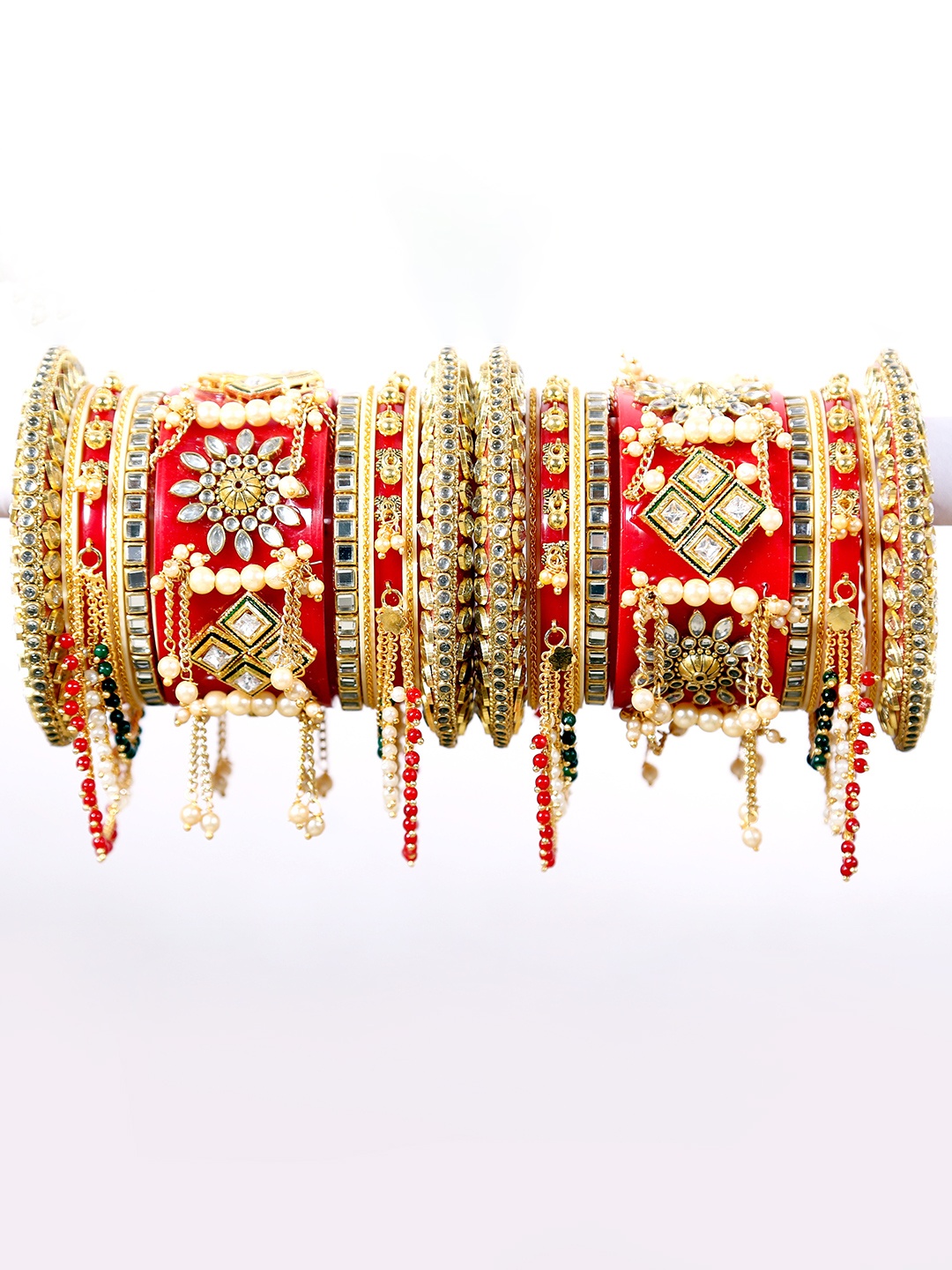 

Zindura Set Of 2 Gold-Plated Stone Studded & Pearl Beaded Chuda Bangles