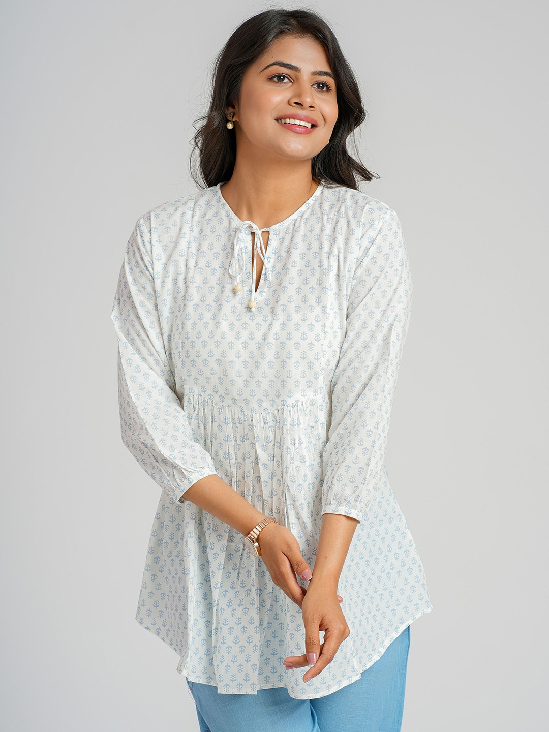 

Cotton Curio Women Cotton Micro Block Printed Short Tunic, White