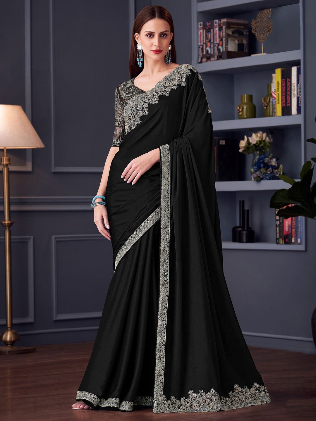 

Mitera Embroidered Pure Chiffon Saree, Black