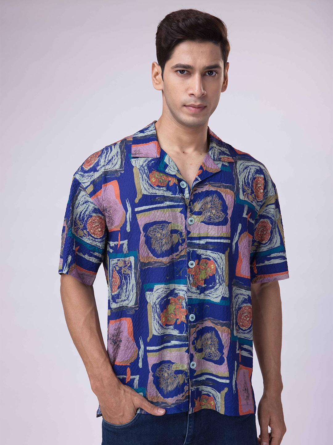 

Big Bunny Graphic Printed Cuban Collar Short Sleeves Shirt, Blue
