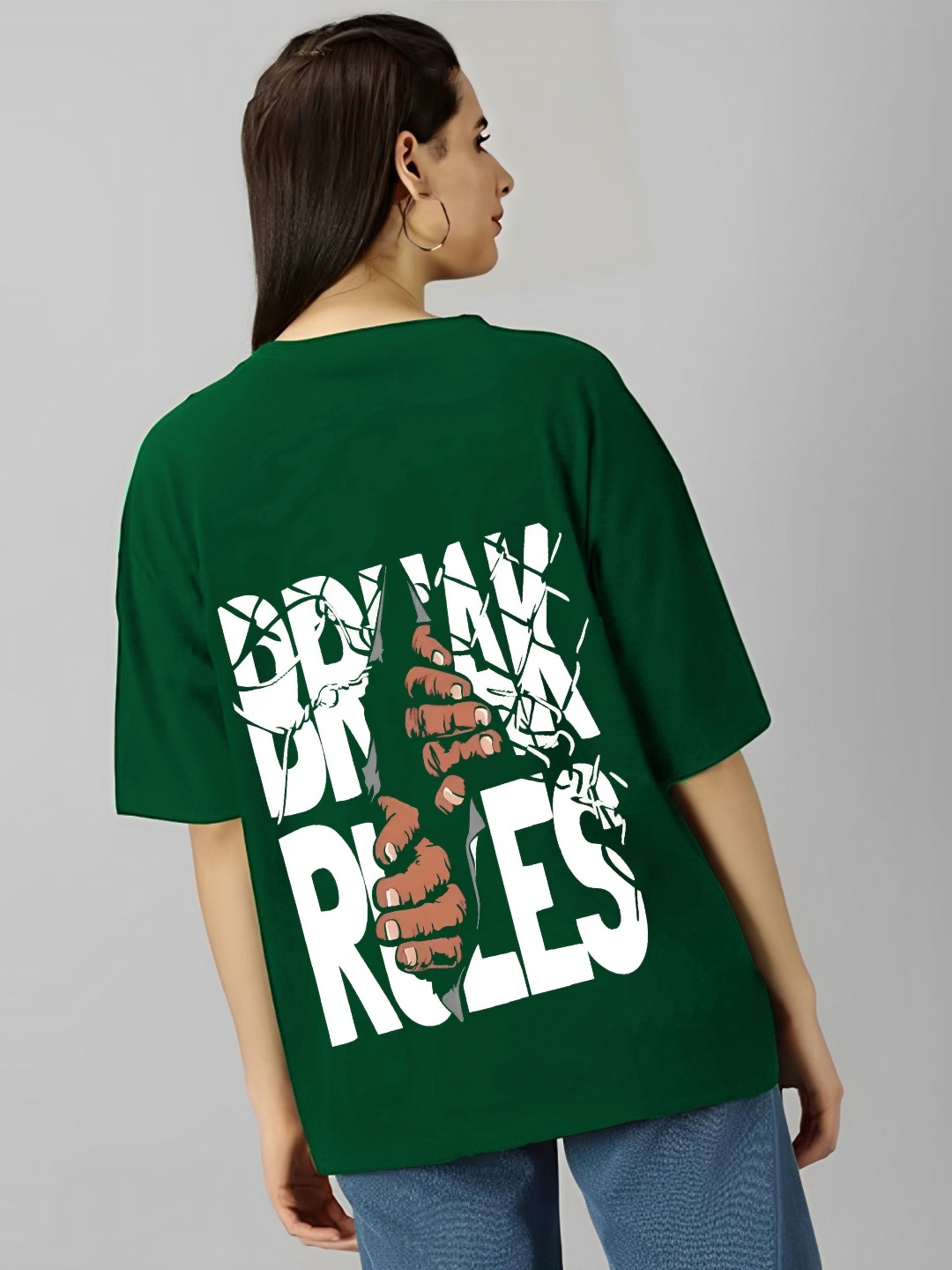 

kintu parantu Women Typography Printed Round Neck Cotton Oversized T-shirt, Green