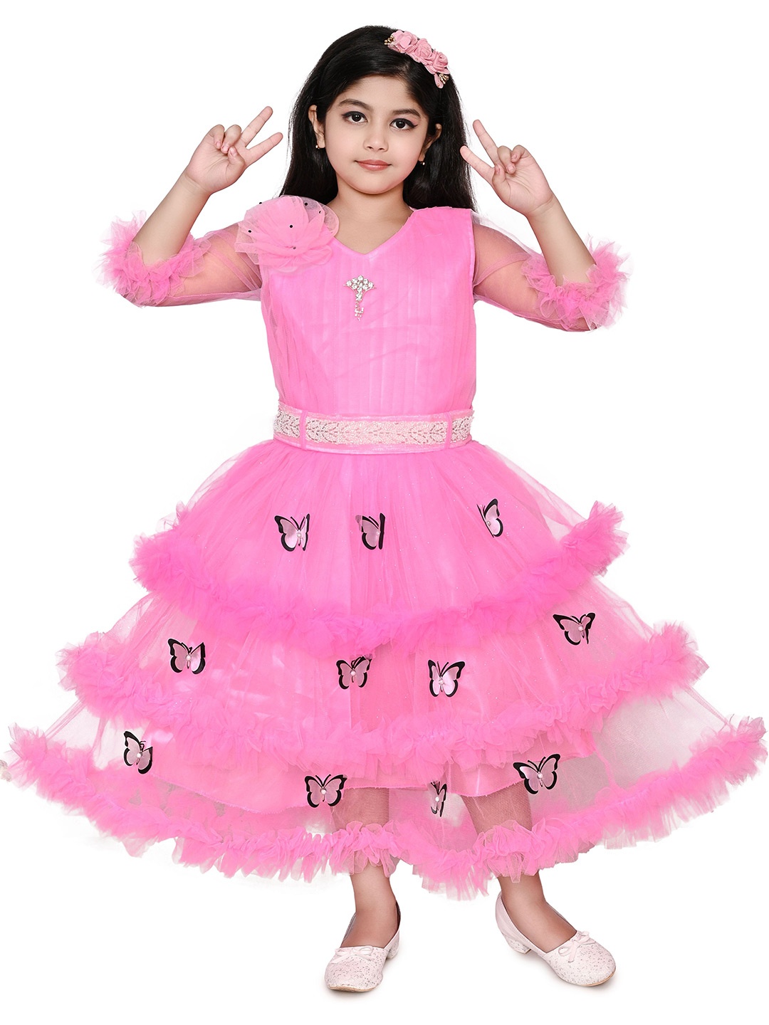 

Zenat Girls Flared Sleeve Layered Net Fit & Flare Dress, Pink