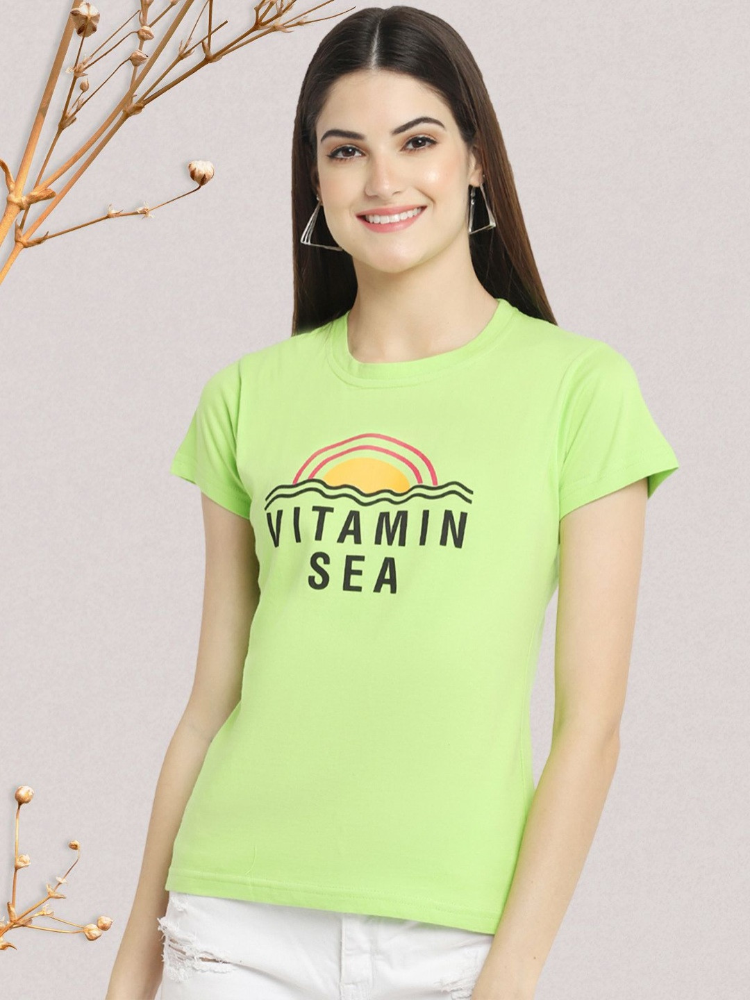 

Dreambe Women Typography Printed Round Neck Short Sleeve Pure Cotton Casual T-Shirt, Green