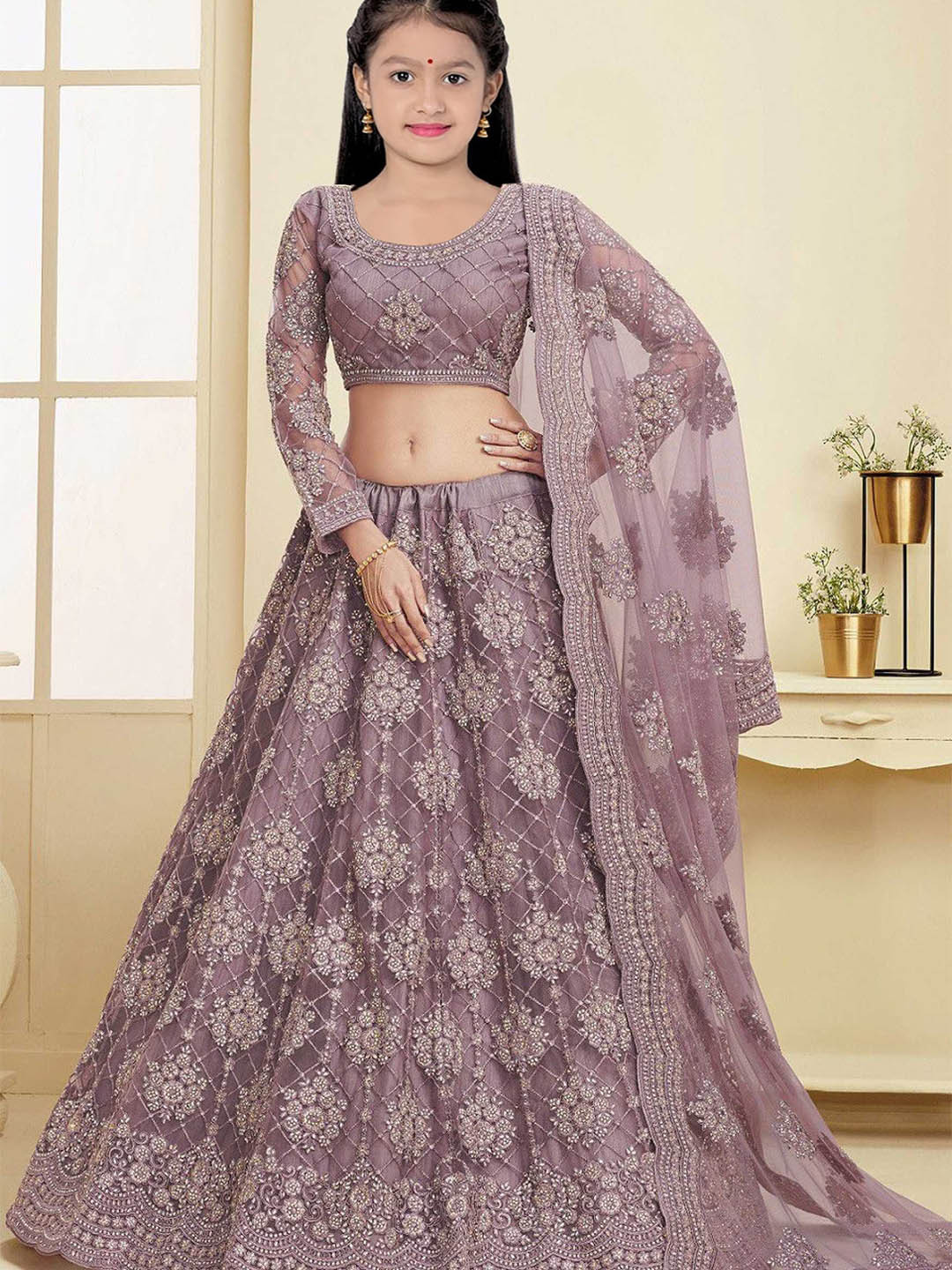 

BAESD Girls Floral Embroidered Thread Work Semi-Stitched Lehenga Choli With Dupatta, Purple