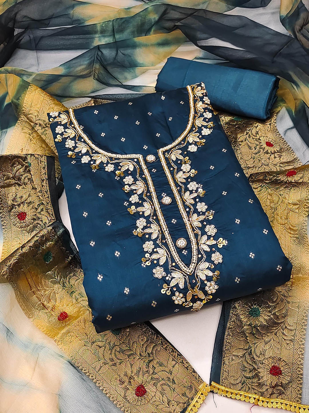 

SHADOW & SAINING Geometric Woven Design Beads And Stones Unstitched Dress Material, Teal