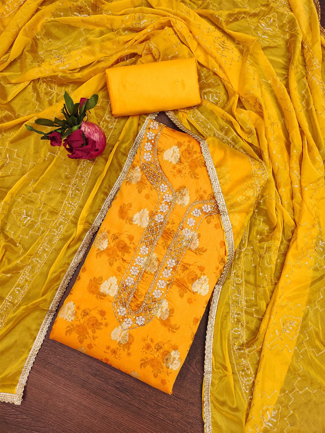 

SHADOW & SAINING Floral Woven Design Beaded Semi-Stitched Dress Material, Yellow