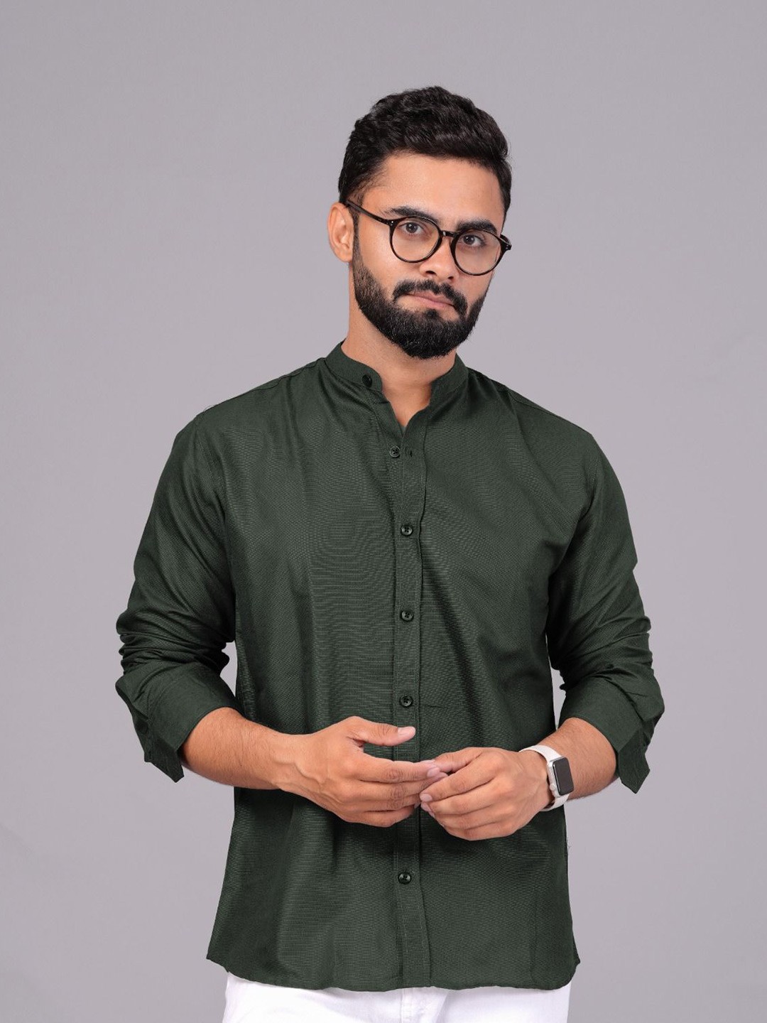 

UNIBLISS India Slim Band Collar Cotton Casual Shirt, Green