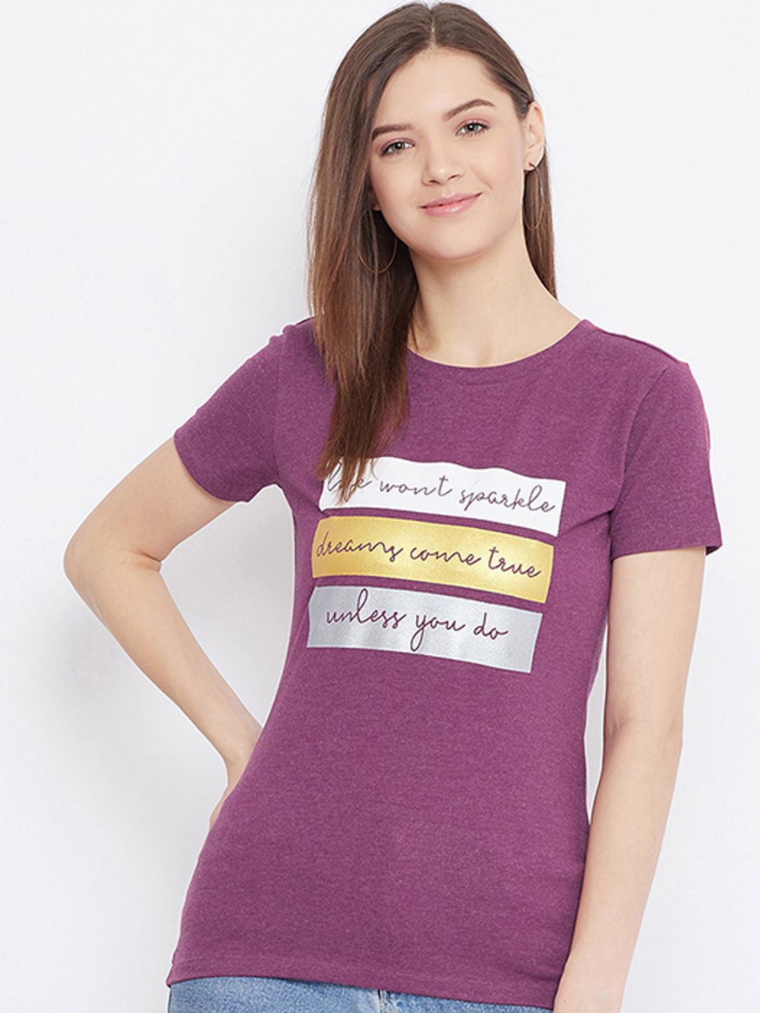 

Bishop Cotton Women Typography Printed Regular Fit Cotton T-shirt, Purple