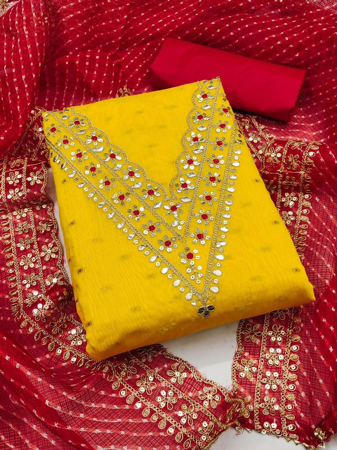 

SHADOW & SAINING Floral Gotta Patti Embroidered Unstitched Dress Material, Yellow