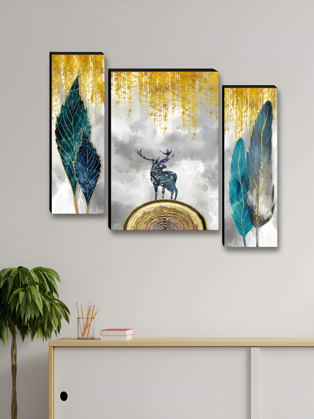 

Myntra Elegant Homes Grey & Gold-Toned 3 Piece Deer & Leaf Wall Art