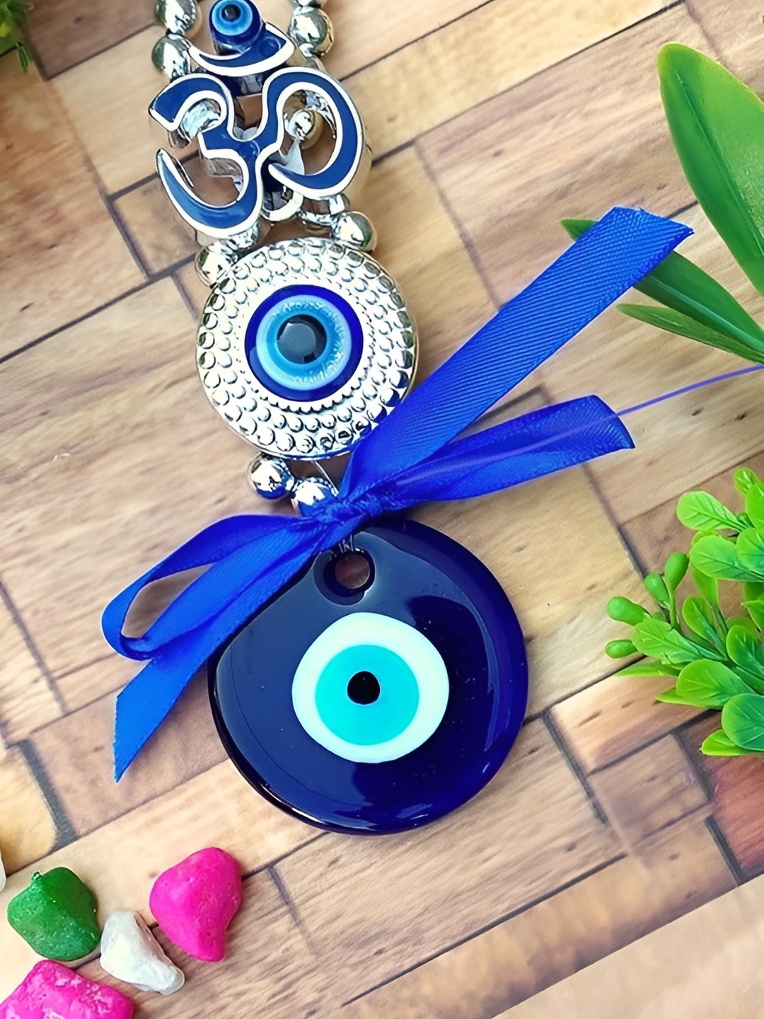 

NAYRA HANDICRAFTS Blue & White Evil Eye With Om Symbol Wall Hanging