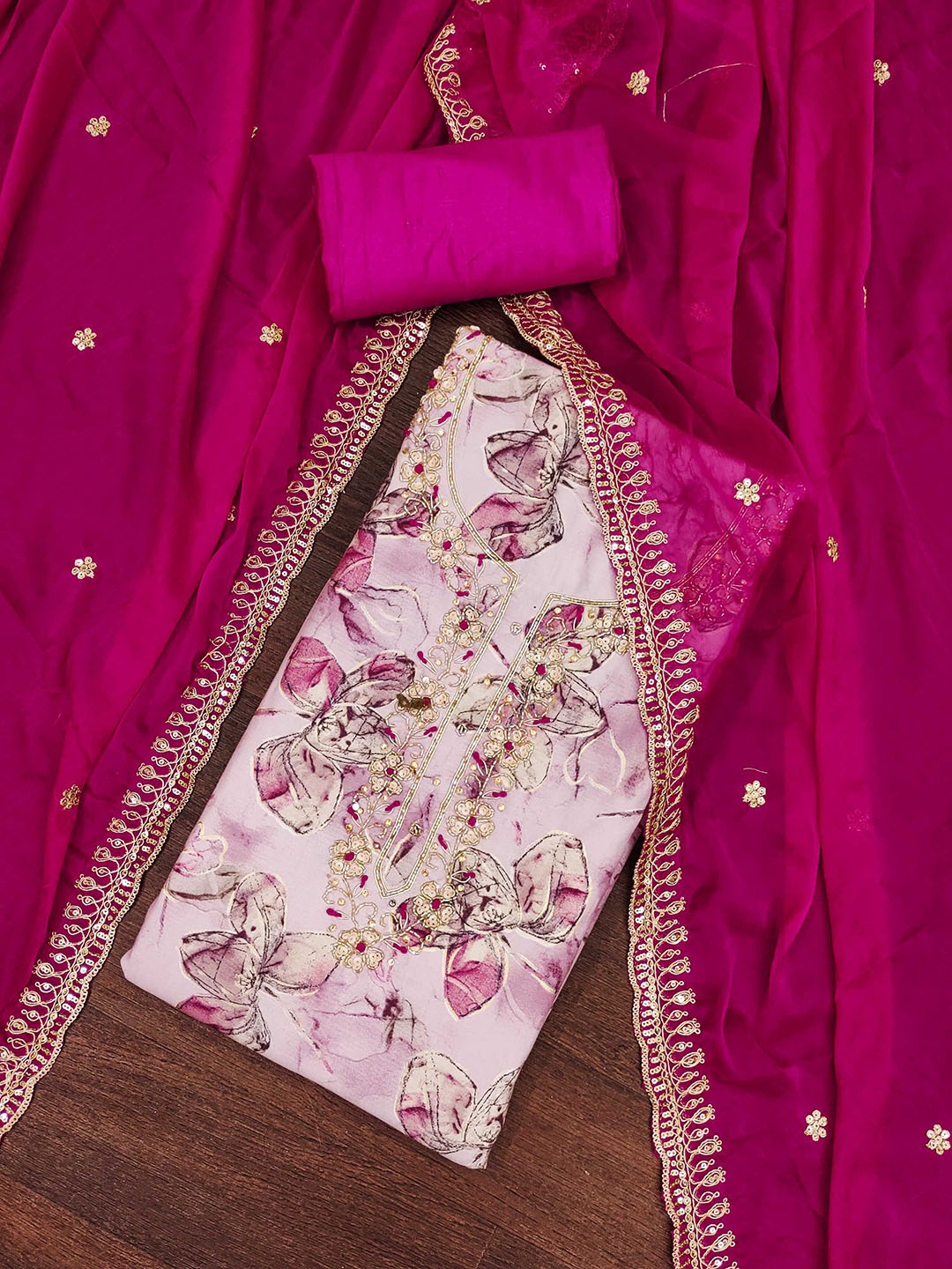 

SHADOW & SAINING Printed Sequinned Jaam Cotton Semi-Stitched Dress Material, Pink