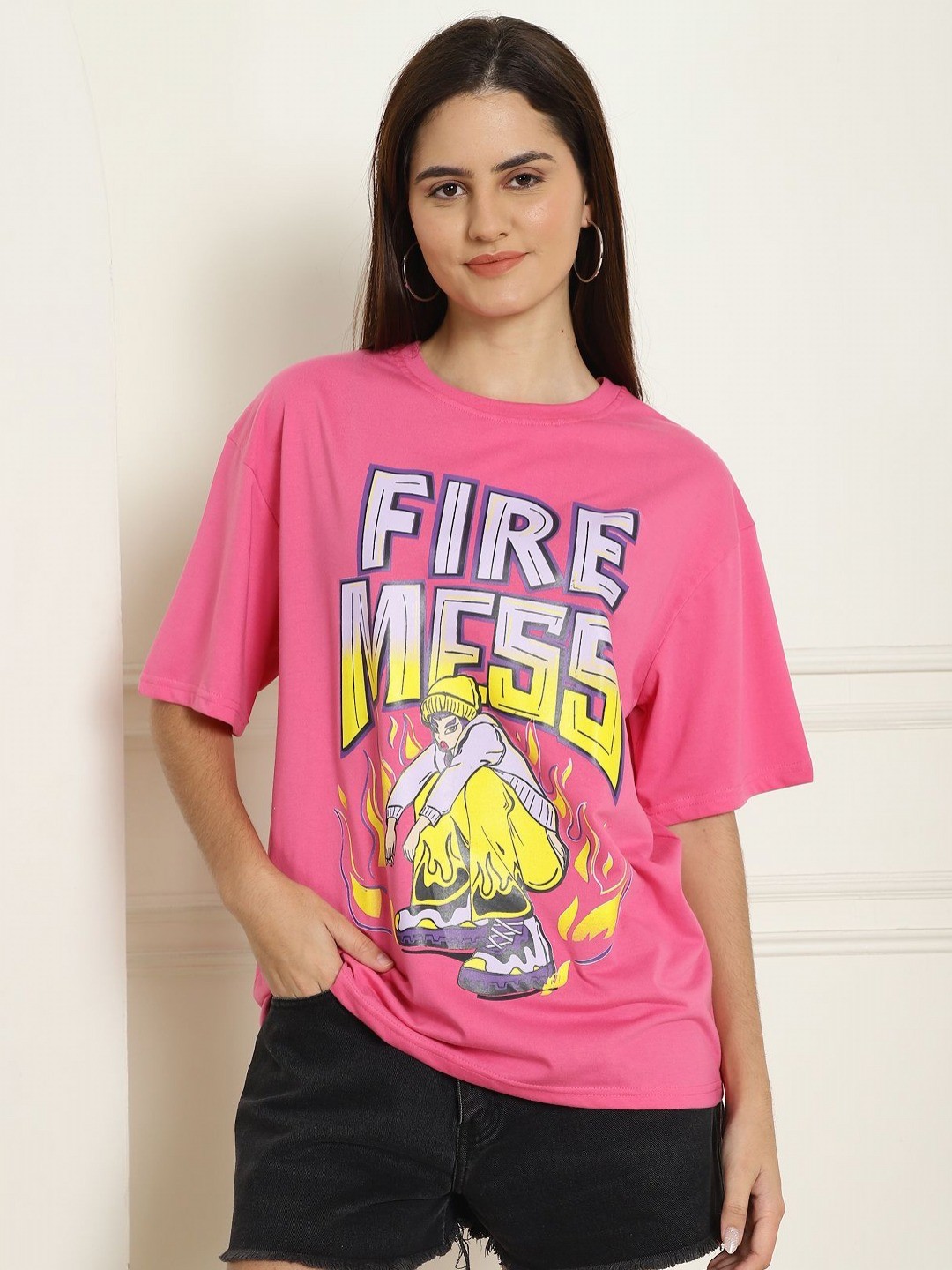 

Tromko Graphic Printed Round Neck Short Sleeves Cotton Oversized T-shirt, Pink