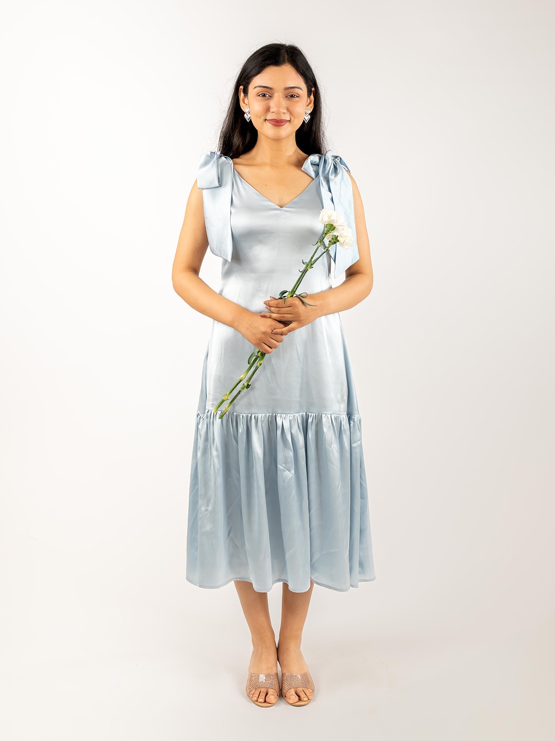 

MONOMEE Shoulder Straps Neck A-Line Midi Dress, Blue