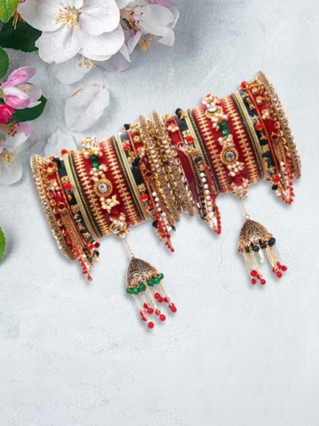 

Zindura Set Of 2 Gold-Plated Stone Studded & Pearls Beaded Chuda Bangles