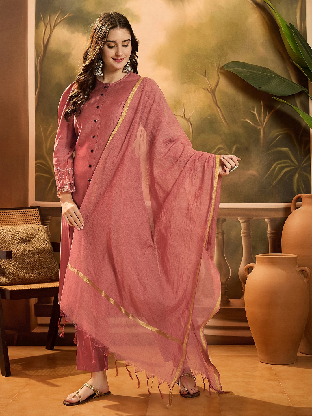 

Sangria Panelled Puff Sleeves A-Line Kurta With Trousers & Dupatta, Red