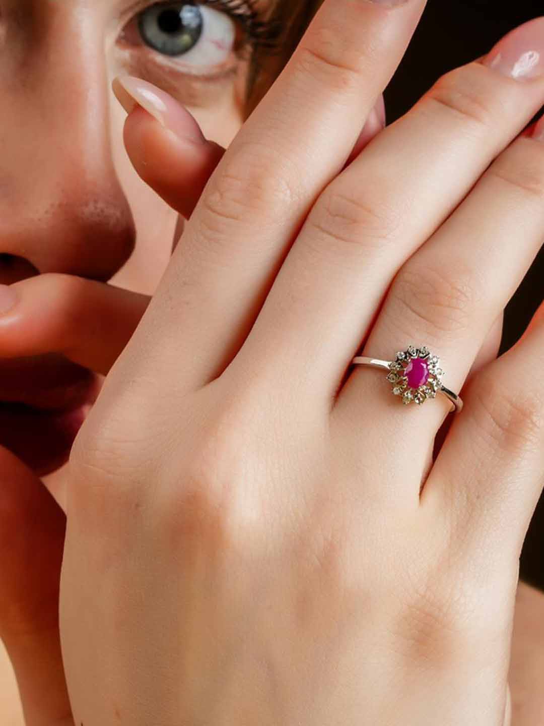 

Soraya Luxe 925 Sterling Silver Rhodium-Plated Ruby Studded Finger Ring
