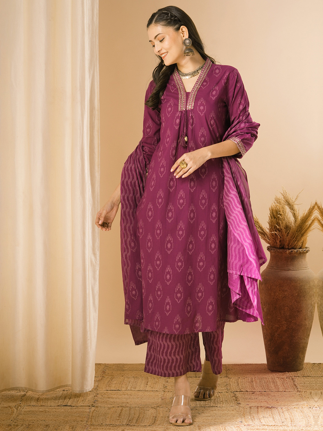 

FASHOR Ethnic Motifs Printed Pure Cotton Kurta With Trousers & Dupatta, Burgundy