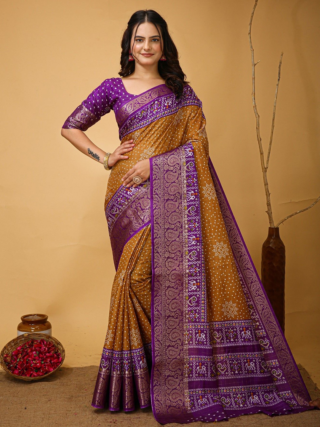 

KALINI Bandhani Woven Zari Saree With Unstitched Blouse Piece, Mustard