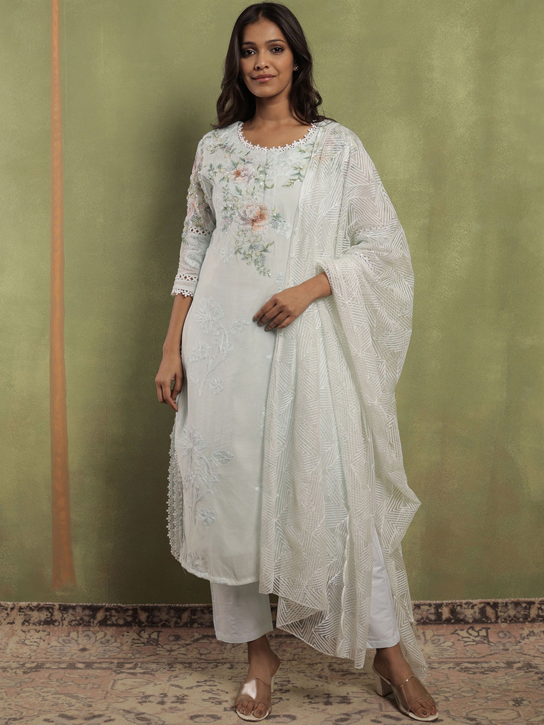 

SRIHA Floral Embroidered Sequinned Kurta With Trousers & Dupatta, Blue