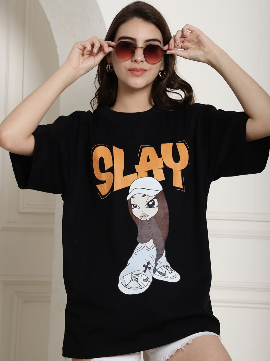 

Tromko Women Graphic Printed Round Neck Cotton Oversized T-shirt, Black