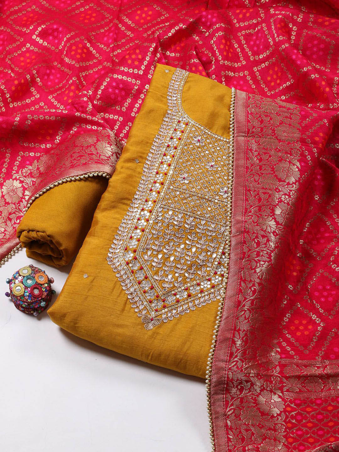 

Meena Bazaar Floral Embroidered Sequinned Unstitched Dress Material, Mustard