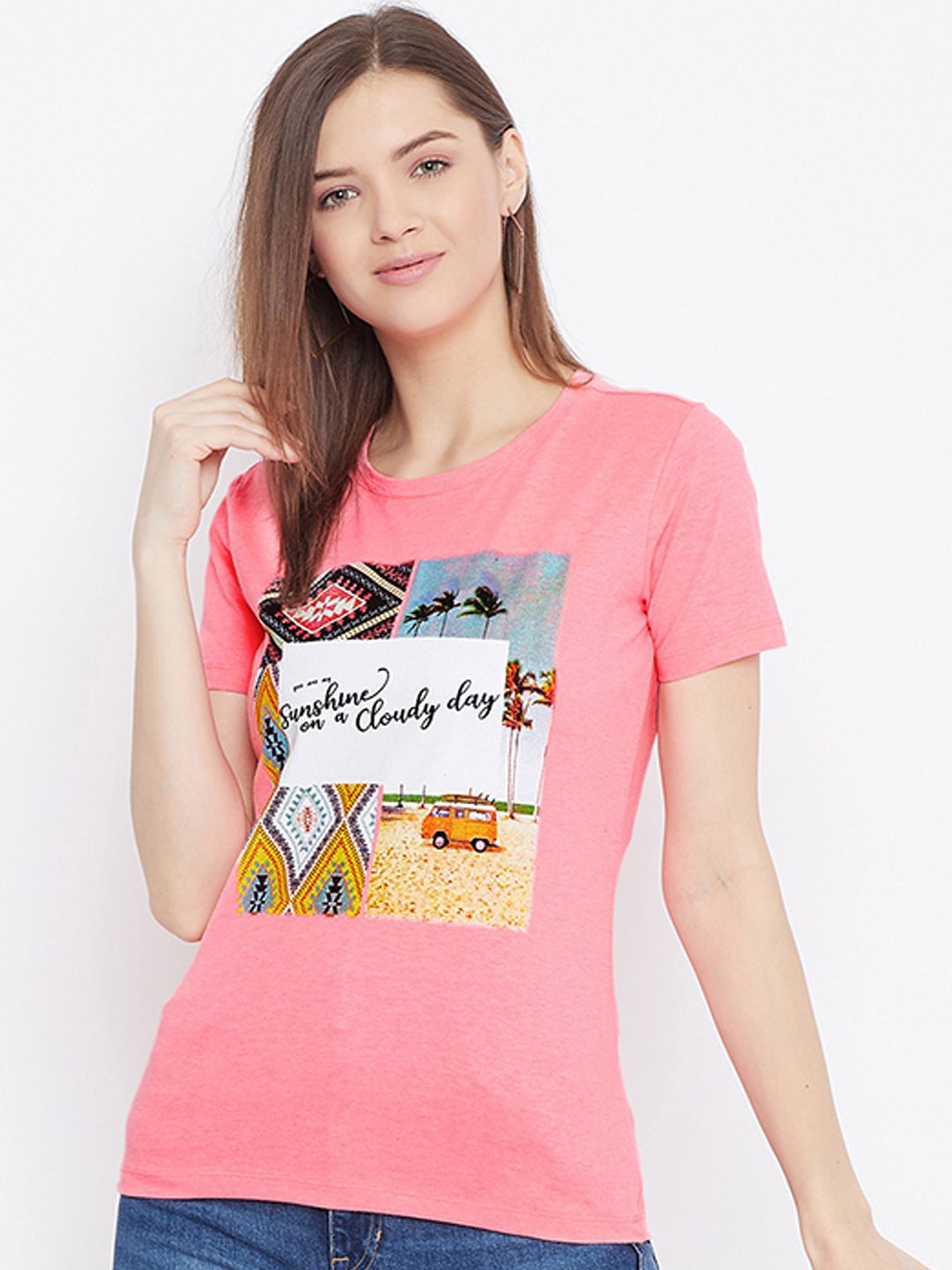 

Bishop Cotton Women Graphic Printed Regular Fit Cotton T-shirt, Pink