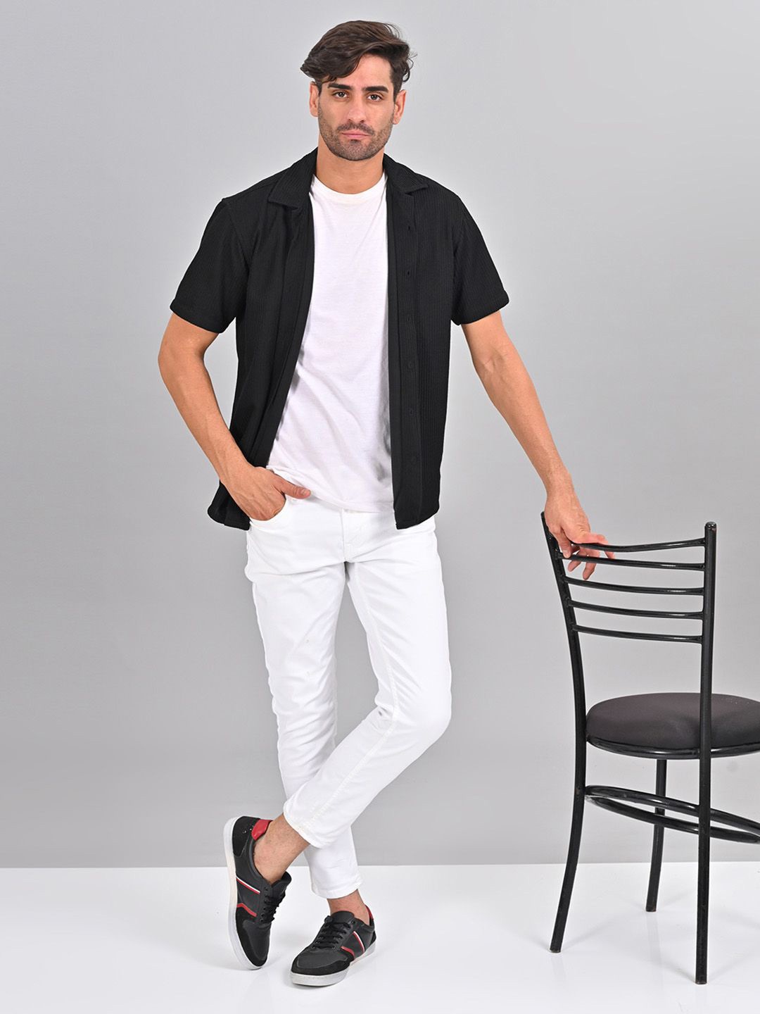 

STYLOFY Men Cuban Collar Textured Cotton Casual Shirt, Black