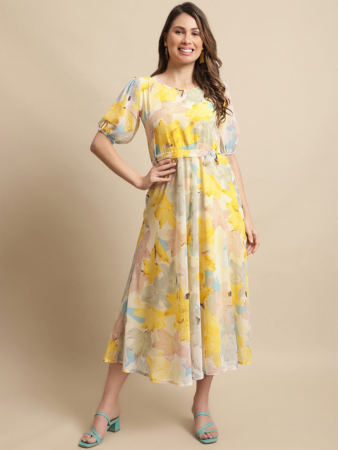 

Metronaut Women Floral Printed Fit & Flare Midi Dress, Yellow