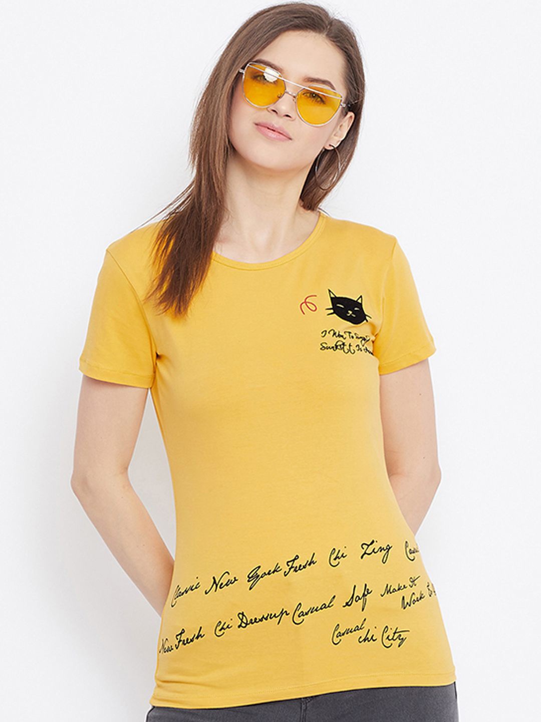 

Bishop Cotton Women Graphic Printed Round Neck Regular Top, Mustard