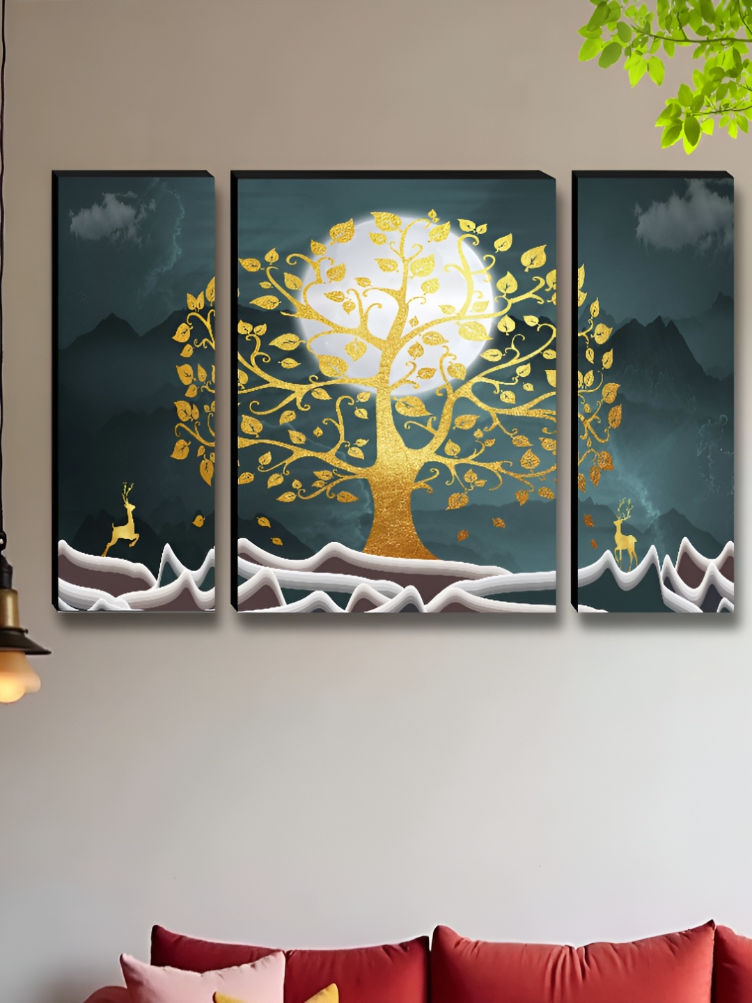 

Myntra Elegant Homes Blue & Gold-Toned 3 Pieces Tree & Moon Wall Art