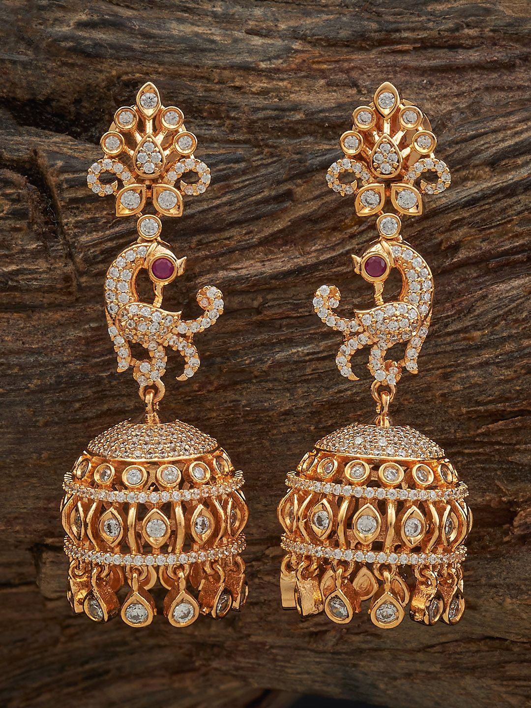 

Kushal's Fashion Jewellery Gold-Plated Dome Shaped Zircon Studded Jhumkas