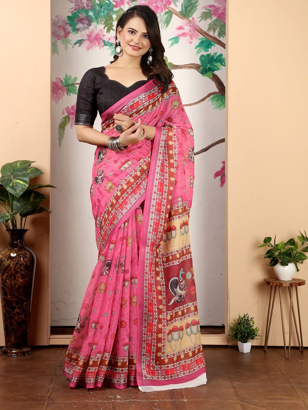 

Mitera Floral Printed Pure Cotton Saree, Pink