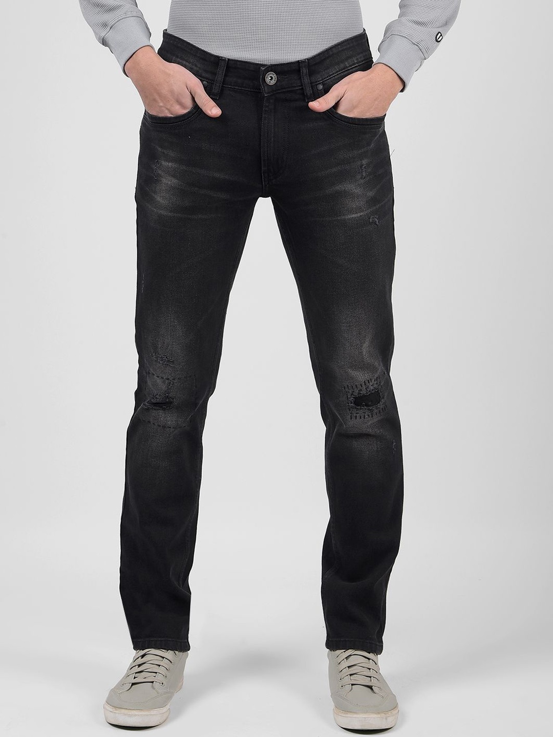 

Numero Uno Men Slim Fit Low-Rise Mildly Distressed Heavy Fade Stretchable Jeans, Black
