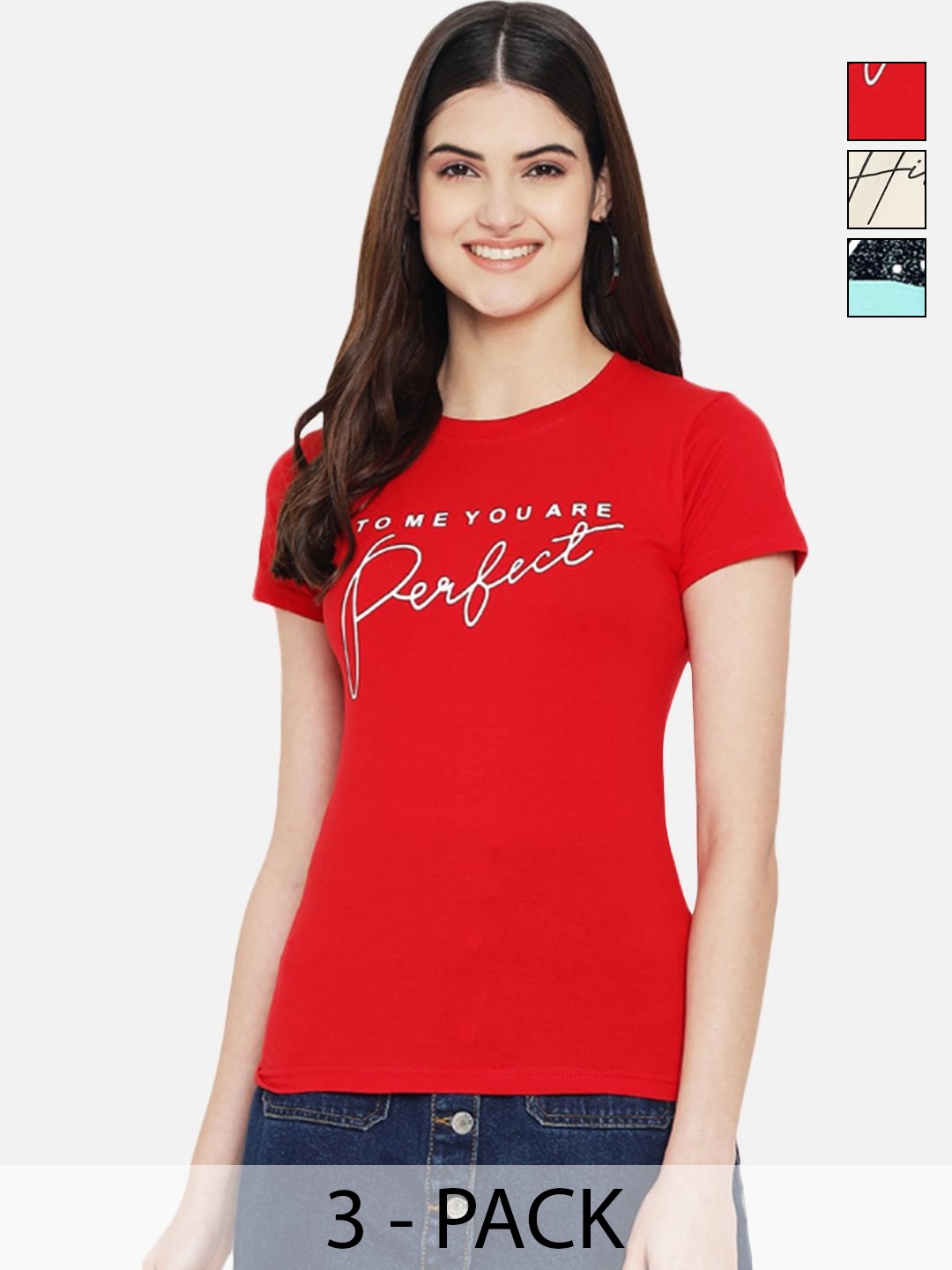

Dreambe Women Pack of 3 Typography Printed Round Neck Cotton T-shirts, Red