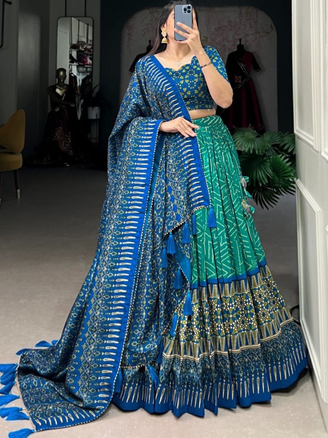 

RADHVI BIZ Printed Ready to Wear Silk Lehenga & Semi-Stitched Blouse With Dupatta, Green