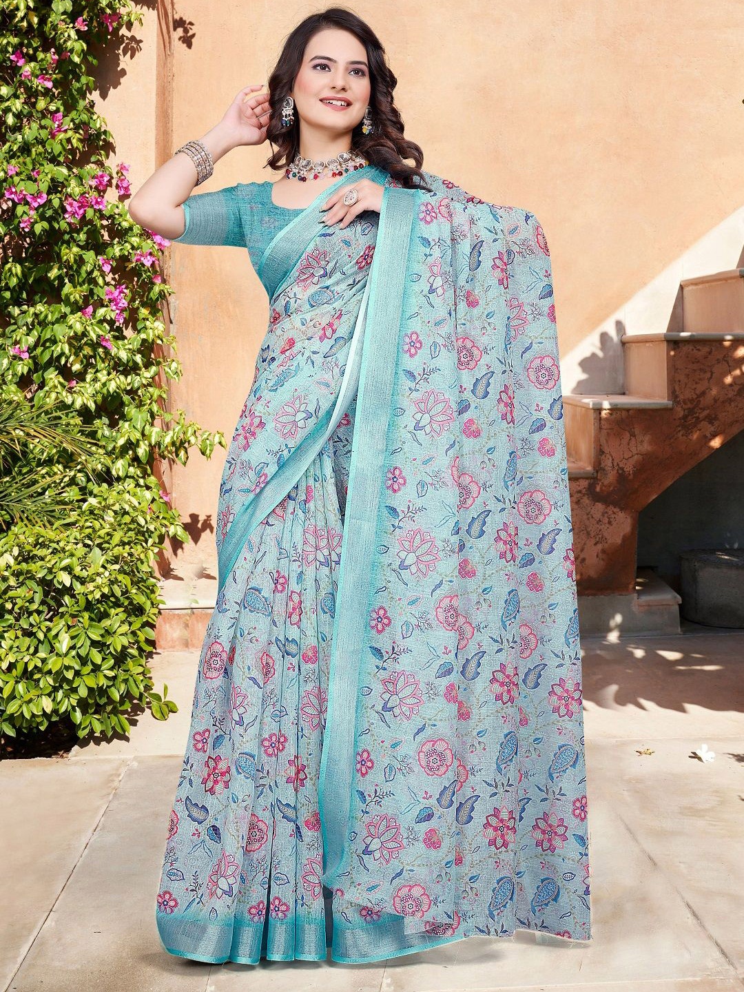 

Mitera Floral Printed Pure Cotton Saree, Green