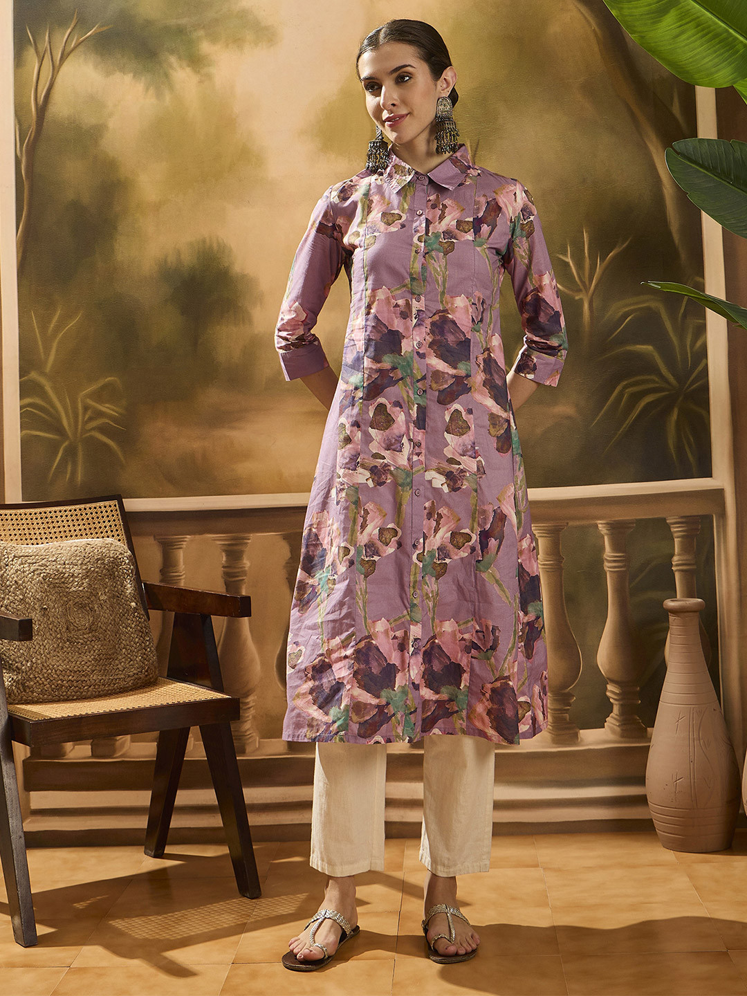 

Sangria Floral Printed Shirt Collar Pure Cotton A-Line Kurta, Lavender