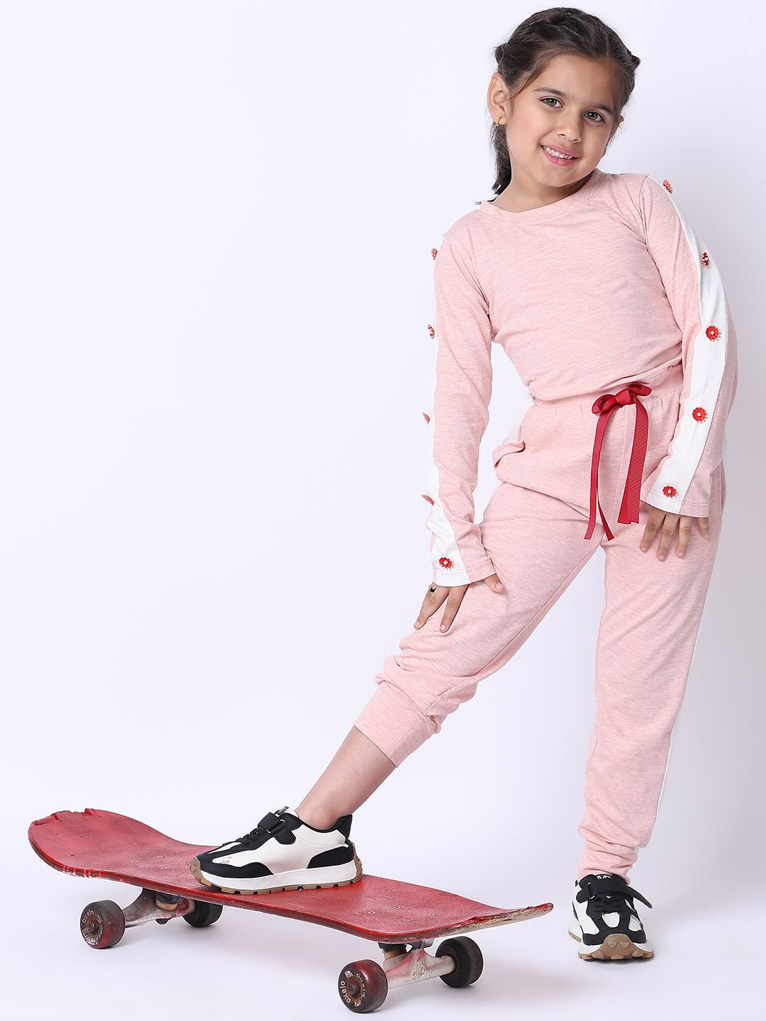 

Baawri Girls Round Neck Colourblocked Pure Cotton Top With Trousers, Pink