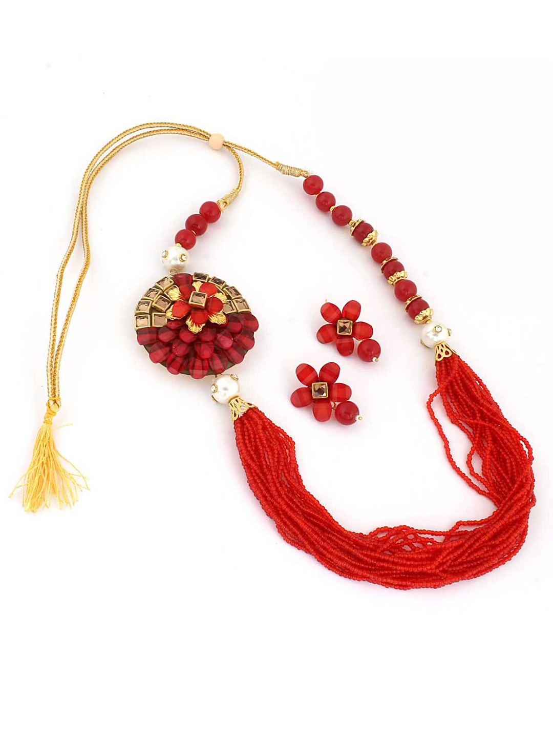 

ahoora Gold-Plated Stone Studded & Beaded Necklace and Earrings