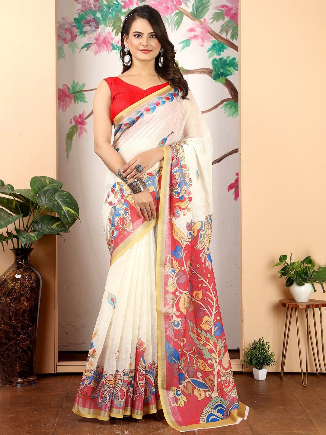 

Mitera Ethnic Motifs Printed Pure Cotton Saree, White