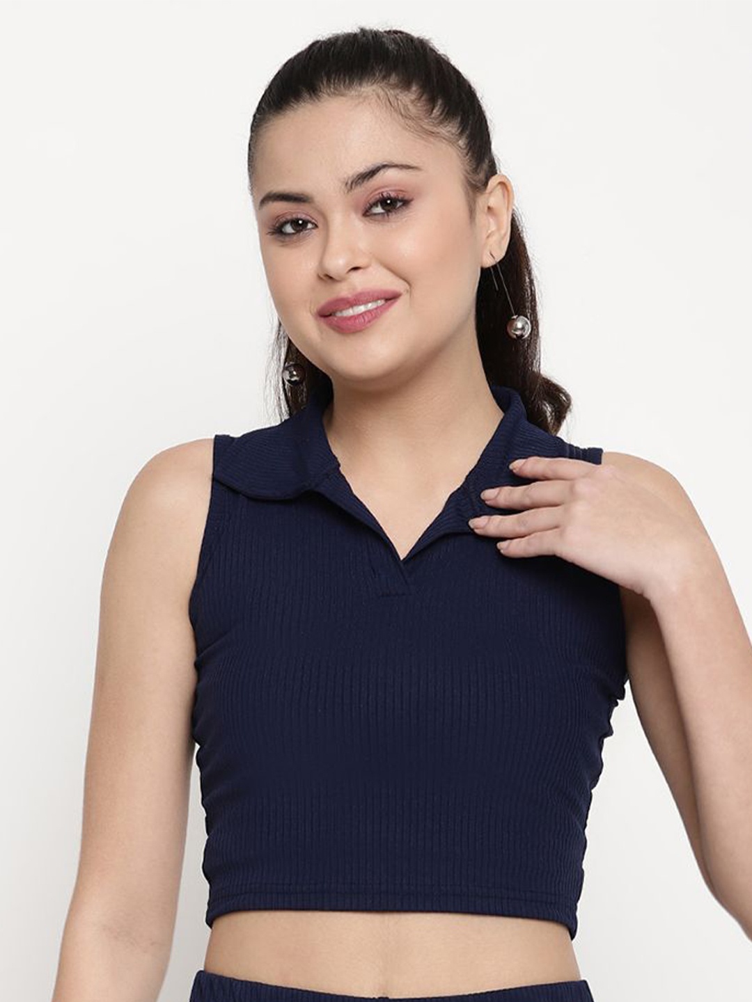 

Sugathari Women Ribbed Shirt Collar Neck Crop Tank Top, Navy blue
