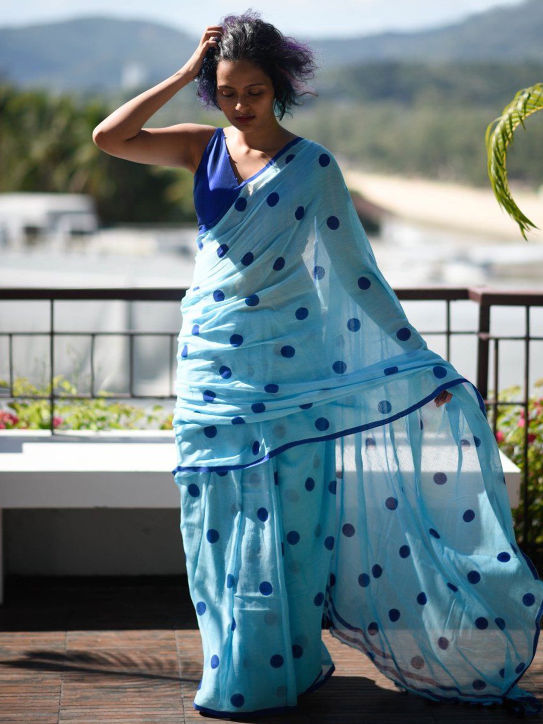 

Sarvada Polka Dot Printed Pure Cotton Saree, Blue