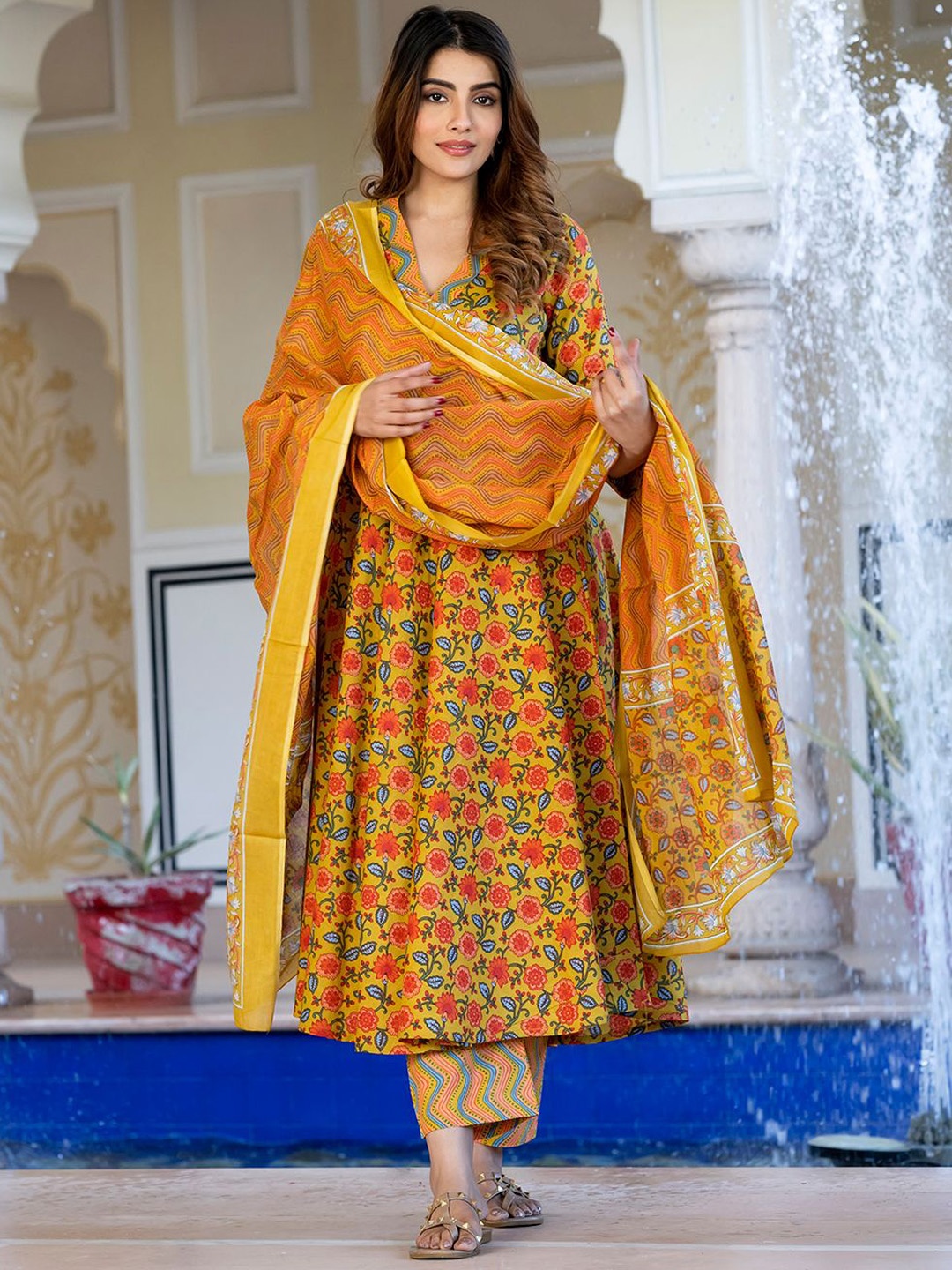 

KALINI Floral Printed Pure Cotton Anarkali Kurta with Trousers & Dupatta, Yellow