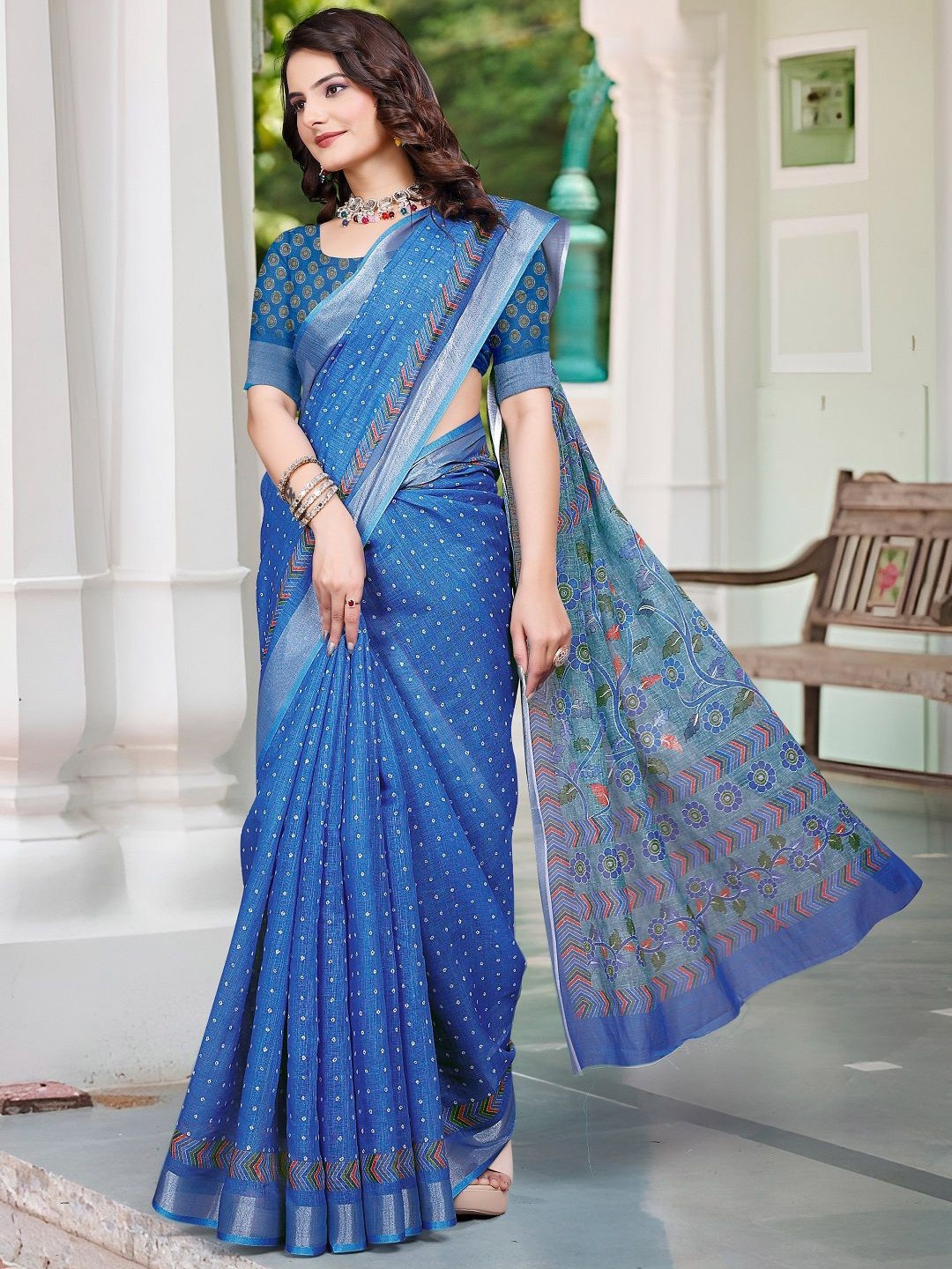 

Mitera Floral Bandhani Cotton Saree With Unstitched Blouse Piece, Blue