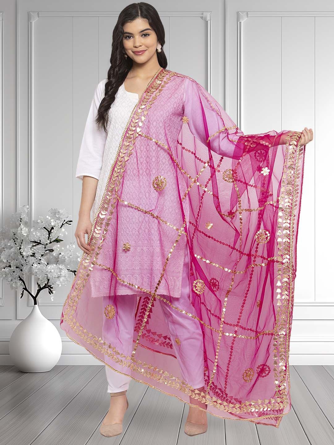 

Moda Rapido Geometric Embroidered Gotta Patti Dupatta, Magenta