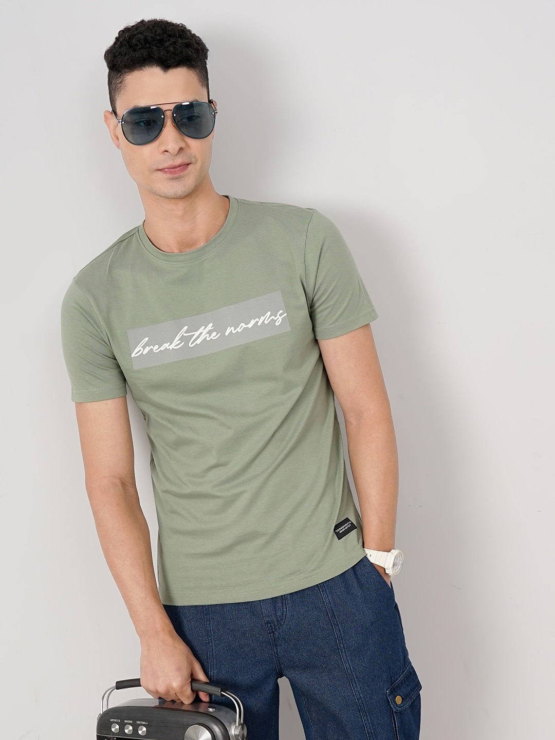 

Genoa Typography Printed Round Neck Cotton Slim Fit T-shirt, Olive