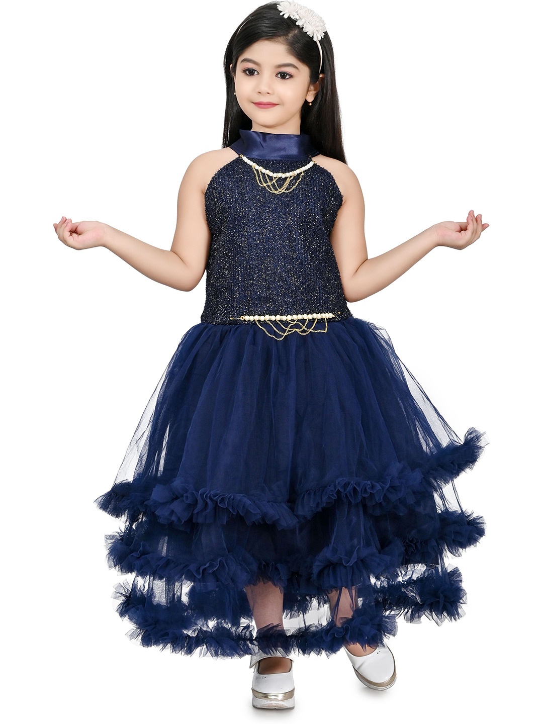 

Zenat Girls Layered Net Fit & Flare Dress, Navy blue