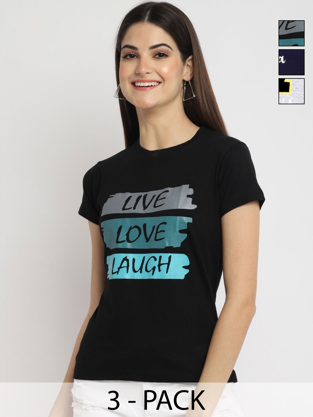 

Dreambe Women Pack of 3 Typography Printed Round Neck Cotton T-shirts, Black
